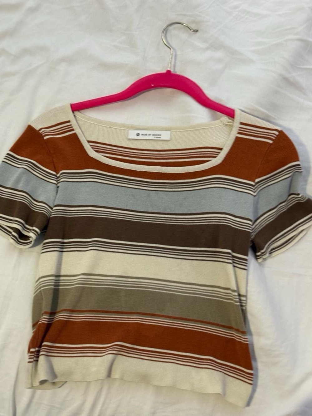 Striped Short-Sleeve Knit Top in Rust, Cream & Blue
